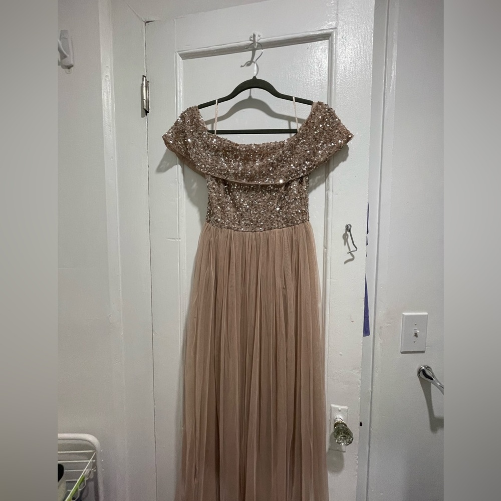 Maya deluxe bridesmaid Bardot maxi sequin and tulle dress muted blush